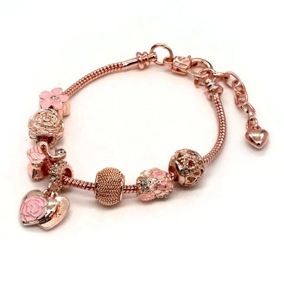 My Bead Emporium Jewelry - Bracelet Rose Gold Euro Beads with Heart Pendant.